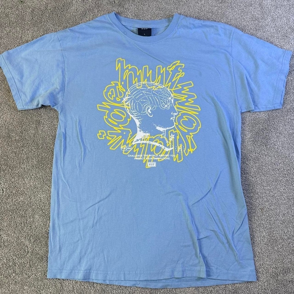 HUF Worldwide Blue Graphic T-Shirt Yellow Logo Men's Large Skate Streetwear